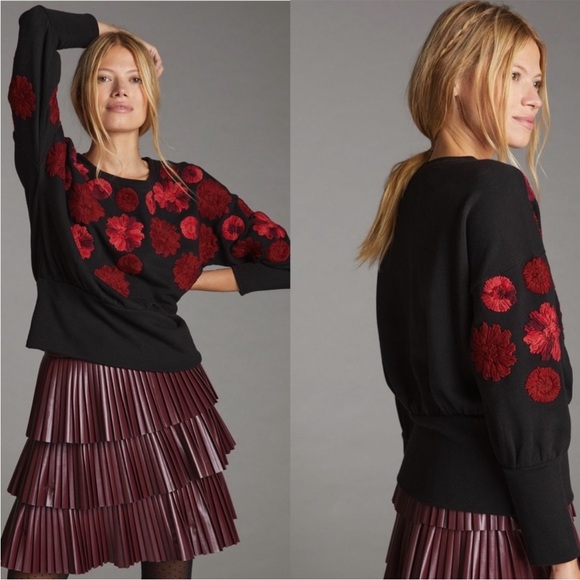 Anthropologie Tops - Anthropologie MAEVE Floral Embroidered Black/ Reds Sweatshirt Size Small
